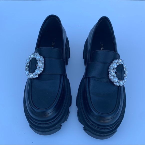 Alohas Black Trailblazer Crystal Clear White Silver Chunky Leather Loafers 37 - Picture 3 of 16